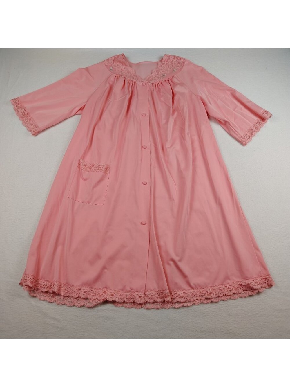 Vintage Shadowline Nylon Housecoat Robe sz Medium Peach/Pink Lace Sleepwear